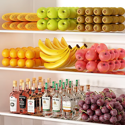 Colorful Fresh Fruits Neatly Arranged With Green Apples Bananas Oranges And Purple Grapes On Shelves 3d model