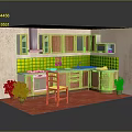 Cartoon Style Kitchen Scene With Wooden Cabinets Yellow Tile Backsplash And Potted Plants