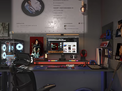 Gaming Setup With Multiple Monitors Gaming Chair And Wall Posters 3d model