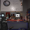 Gaming Setup With Multiple Monitors Gaming Chair And Wall Posters 3d model
