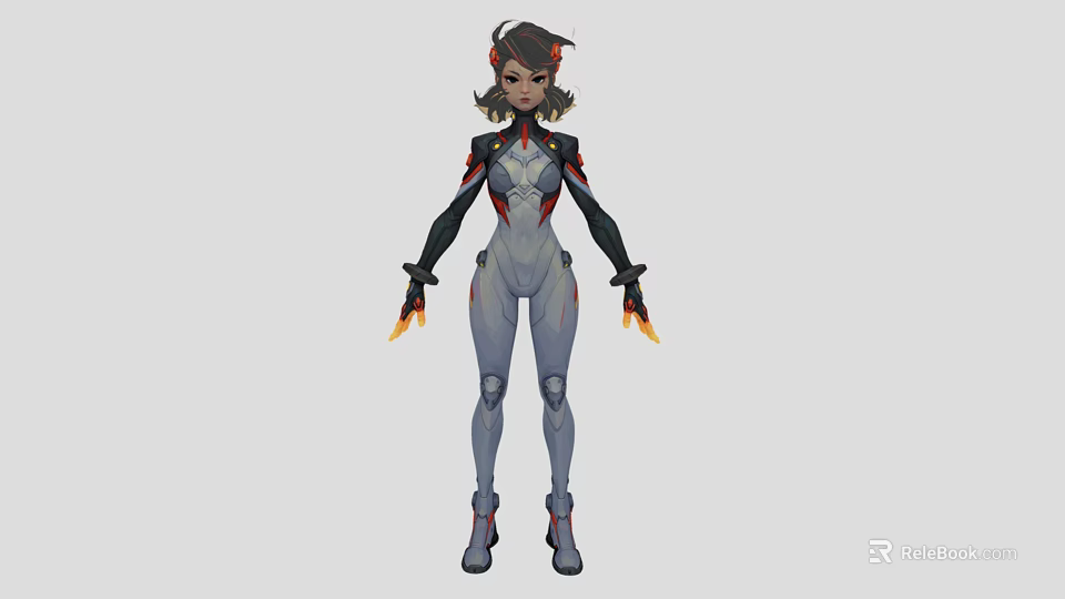 Game Movie Character In Tech Inspired Futuristic Gray Combat Suit With Red Accents Flaming Hands 3d model 