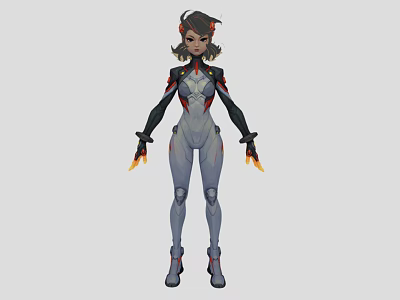 Game Movie Character In Tech Inspired Futuristic Gray Combat Suit With Red Accents Flaming Hands 3d model