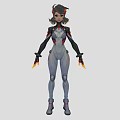 Game Movie Character In Tech Inspired Futuristic Gray Combat Suit With Red Accents Flaming Hands