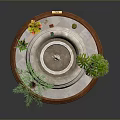 Outdoor Decorative Fountain With Stone Statue And Potted Green Plants On Circular Base