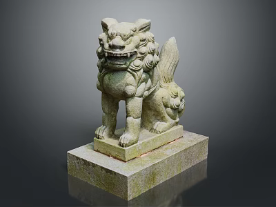 Traditional Stone Lion Statue With Intricate Carving And Base Stand 3d model