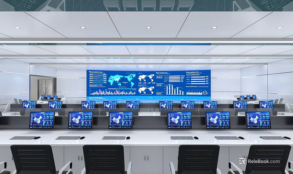 Modern Control Room With Multiple Monitoring Screens World Map And Data Charts 3d model 