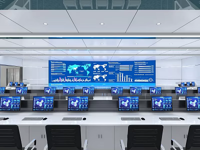 Modern Control Room With Multiple Monitoring Screens World Map And Data Charts 3d model