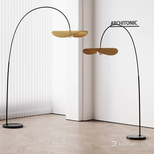 Arc Design Floor Lamp With Gold Shade And Black Stand In Modern Interior 3d model 