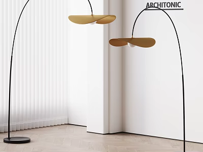 Arc Design Floor Lamp With Gold Shade And Black Stand In Modern Interior 3d model