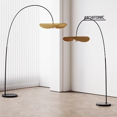 Arc Design Floor Lamp With Gold Shade And Black Stand In Modern Interior 3d model