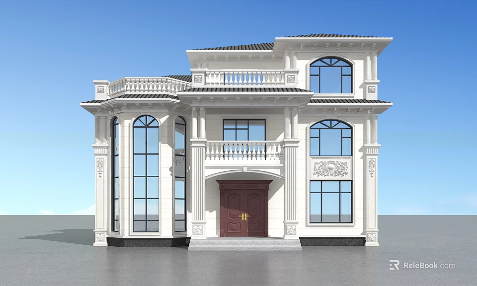 Two Story Detached Villa With White Exterior Brown Door Balcony Arched Windows And Decorative Carvings 3d model 