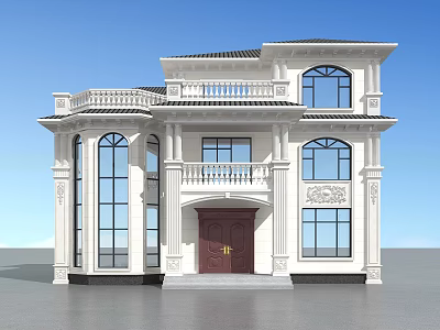 Two Story Detached Villa With White Exterior Brown Door Balcony Arched Windows And Decorative Carvings 3d model