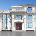Two Story Detached Villa With White Exterior Brown Door Balcony Arched Windows And Decorative Carvings