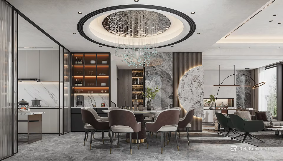 Elegant Modern Restaurant Interior With Round Crystal Chandelier Marble Wall And Upholstered Chairs 3d model 