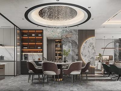 Elegant Modern Restaurant Interior With Round Crystal Chandelier Marble Wall And Upholstered Chairs 3d model