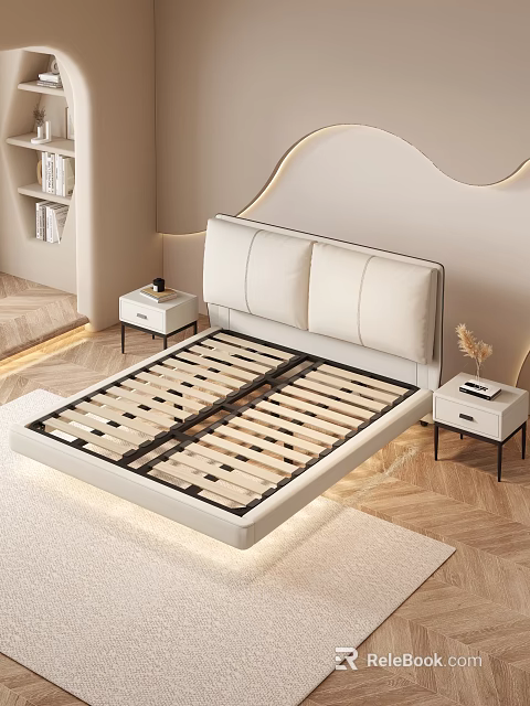 Beige Leather Double Bed With Two Nightstands And Curved Wall Design 3d model