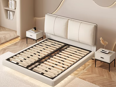 Beige Leather Double Bed With Two Nightstands And Curved Wall Design 3d model