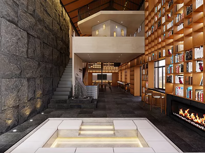 Cozy Two Story Hotel Lobby Interior With Stone Wall Wooden Bookshelves And Fireplace 3d model