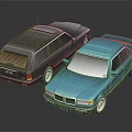 Two Classic Black and Blue Vintage Cars with Retro Exterior Design