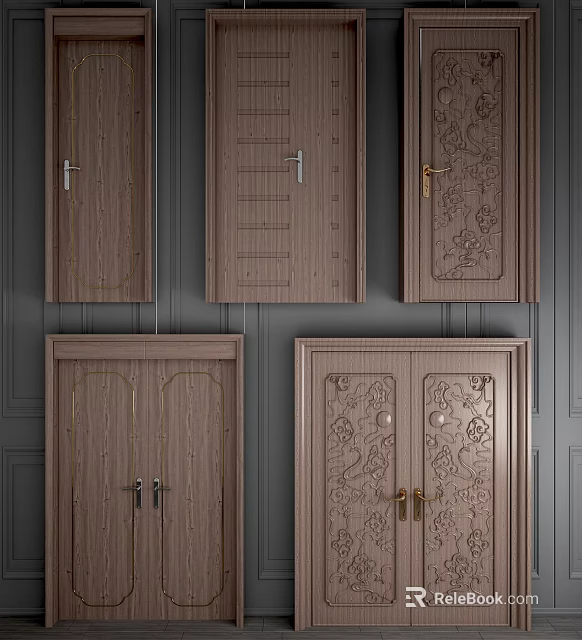 Wooden Double Doors Featuring Carved Patterns Various Designs And Decorative Handles 3d model