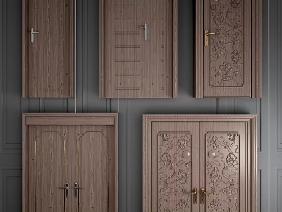 Wooden Double Doors Featuring Carved Patterns Various Designs And Decorative Handles 3d model