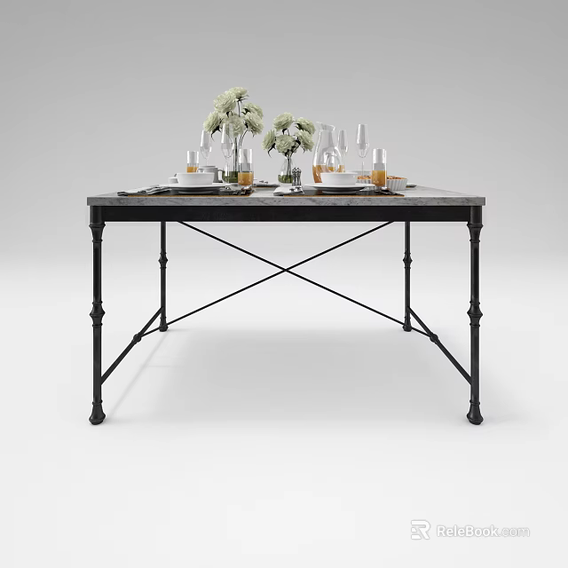 Stylish Dining Table With Black Metal Cross Legs And Flower Bouquets Glassware Tableware 3d model 