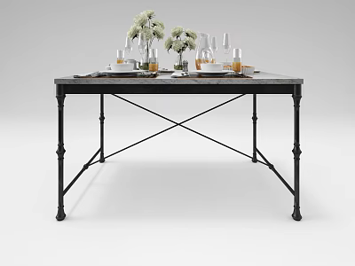 Stylish Dining Table With Black Metal Cross Legs And Flower Bouquets Glassware Tableware 3d model