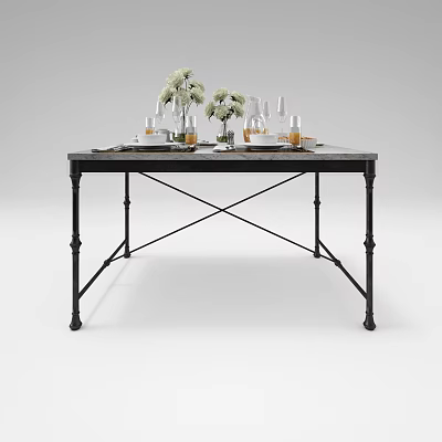 Stylish Dining Table With Black Metal Cross Legs And Flower Bouquets Glassware Tableware 3d model