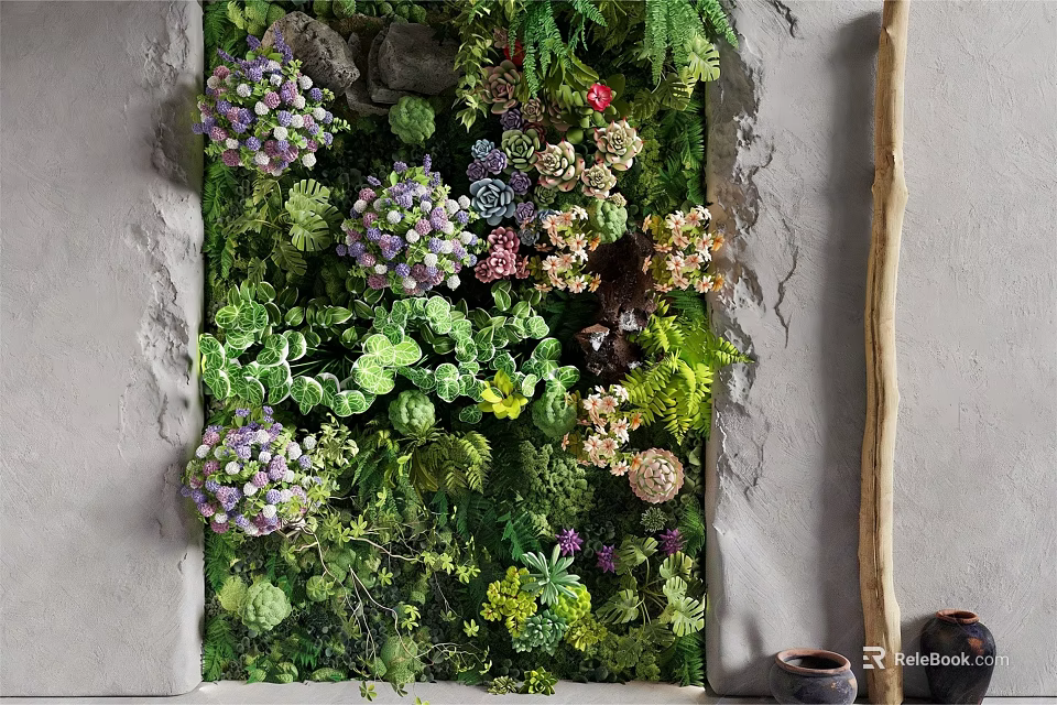 Living Plant Wall With Diverse Green Plants Colorful Flowers And Stone Accents 3d model 