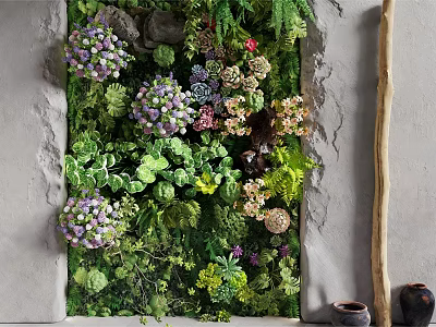 Living Plant Wall With Diverse Green Plants Colorful Flowers And Stone Accents 3d model