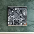 Abstract Painting With Black And White Geometric Lines And White Frame On Green Wall