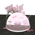 Pink Cherry Blossom Tree With Semicircular Installation And Scattered Petals 3d model