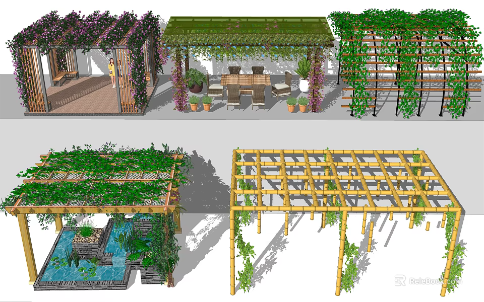 Garden Pergola And Gazebo Design With Vines Green Plants And Wooden Frames 3d model 