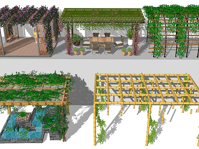 Garden Pergola And Gazebo Design With Vines Green Plants And Wooden Frames 3d model
