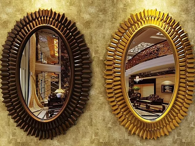 Decorative Oval Mirrors With Gold And Dark Brown Frames Reflecting Interior Decor 3d model
