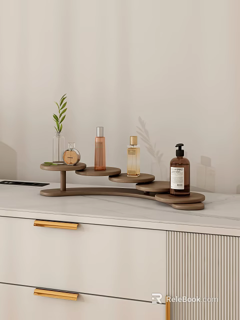 Wooden Multi Tiered Shelf with Toiletry Bottles Small Plant on White Countertop 3d model 