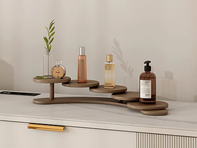 Wooden Multi Tiered Shelf with Toiletry Bottles Small Plant on White Countertop 3d model