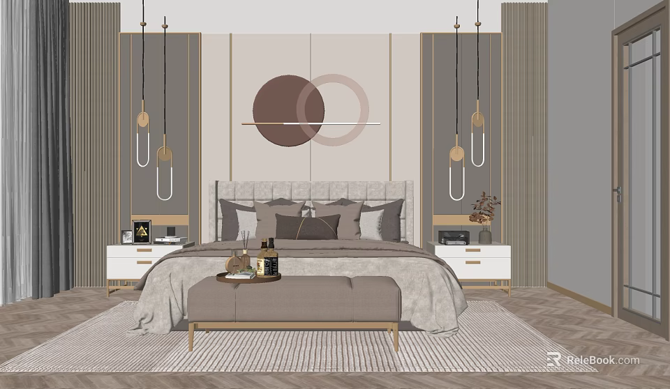 Modern Double Bed Background With Circular Wall Art Pendant Lights And Bedside Tables 3d model