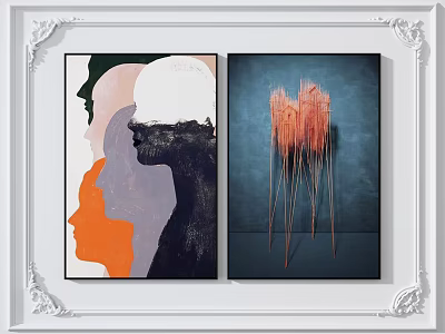 Two Abstract Paintings In White Ornate Frames With Orange Purple Shapes And Blue Background 3d model