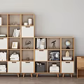 Wooden Modular Bookcase With Multiple Compartments White Panels And Decorative Books Globe Frames 3d model