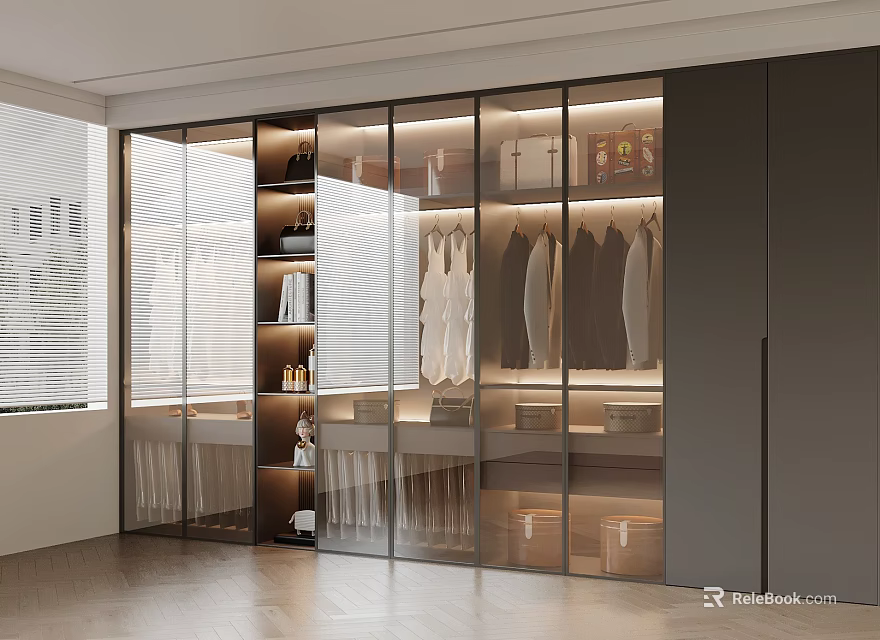 Modern Lighted Wardrobe Interior Design With Glass Doors Hanging Clothes And Storage Shelves 3d model 