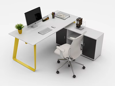 Modern Office Desk With Yellow Legs Monitor Keyboard Mouse Green Potted Plant And White Chair 3d model