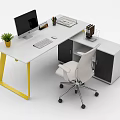 Modern Office Desk With Yellow Legs Monitor Keyboard Mouse Green Potted Plant And White Chair