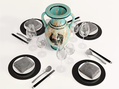 Elegant Dinnerware Set with Turquoise Vase Black Plates Gray Placemats Wine Glasses and Silver Cutlery 3d model