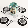 Elegant Dinnerware Set with Turquoise Vase Black Plates Gray Placemats Wine Glasses and Silver Cutlery