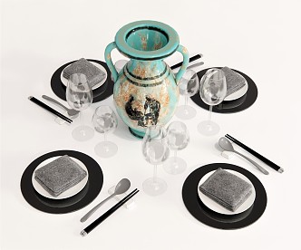 Modern Tableware Plate Knife and Fork Spoon Ornaments Wine Glass Napkin Pottery Pot 3d model