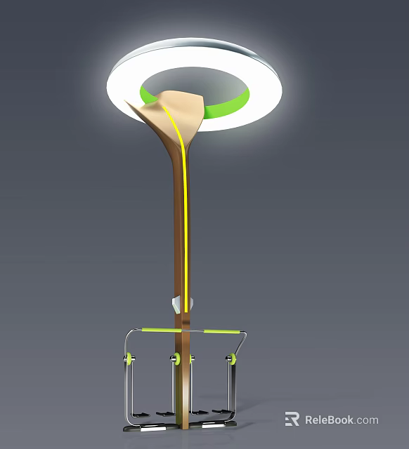 Stylish Outdoor Light With Circular Illumination Wooden Pole And Green Accents 3d model 
