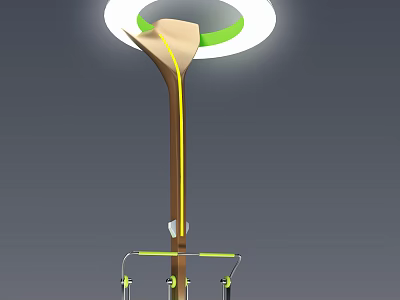 Stylish Outdoor Light With Circular Illumination Wooden Pole And Green Accents 3d model