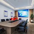 Spacious Bright Conference Room Interior With Blue LED Screen Long Table Black Chairs And Wooden Floor