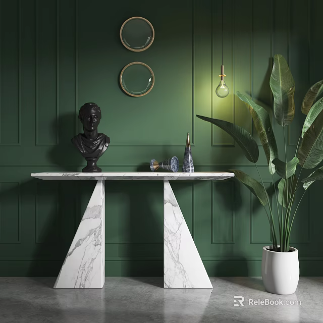 Marble Console Table With Black Bust Sculpture Green Wall Circular Decor And Large Leaf Plant 3d model 